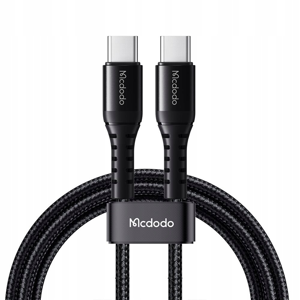 Na obrazie widoczne są dwa czarne kable USB-C z logo \'Mcdodo\' na wtyczkach. Kable są splecione i połączone klipsem z napisem \'Mcdodo\'.