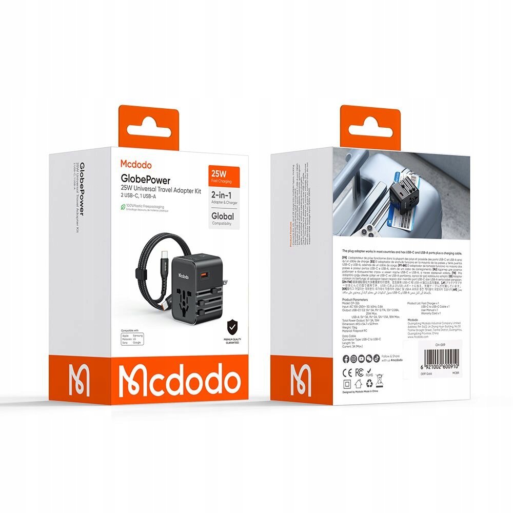 Opakowanie produktu Mcdodo GlobePower 25W Universal Travel Adapter Kit z widocznym adapterem i kablem USB-C. Na opakowaniu znajdują się informacje o kompatybilności globalnej i dwóch portach USB (USB-C i USB-A).