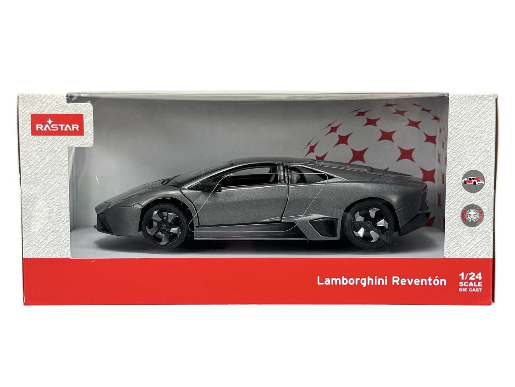 Model samochodu w kolorze grafitowym w skali 1:24 umieszczony w pudełku z logo \'RASTAR\'. Na opakowaniu widnieje napis \'Lamborghini Reventón 1/24 SCALE DIE CAST\'.