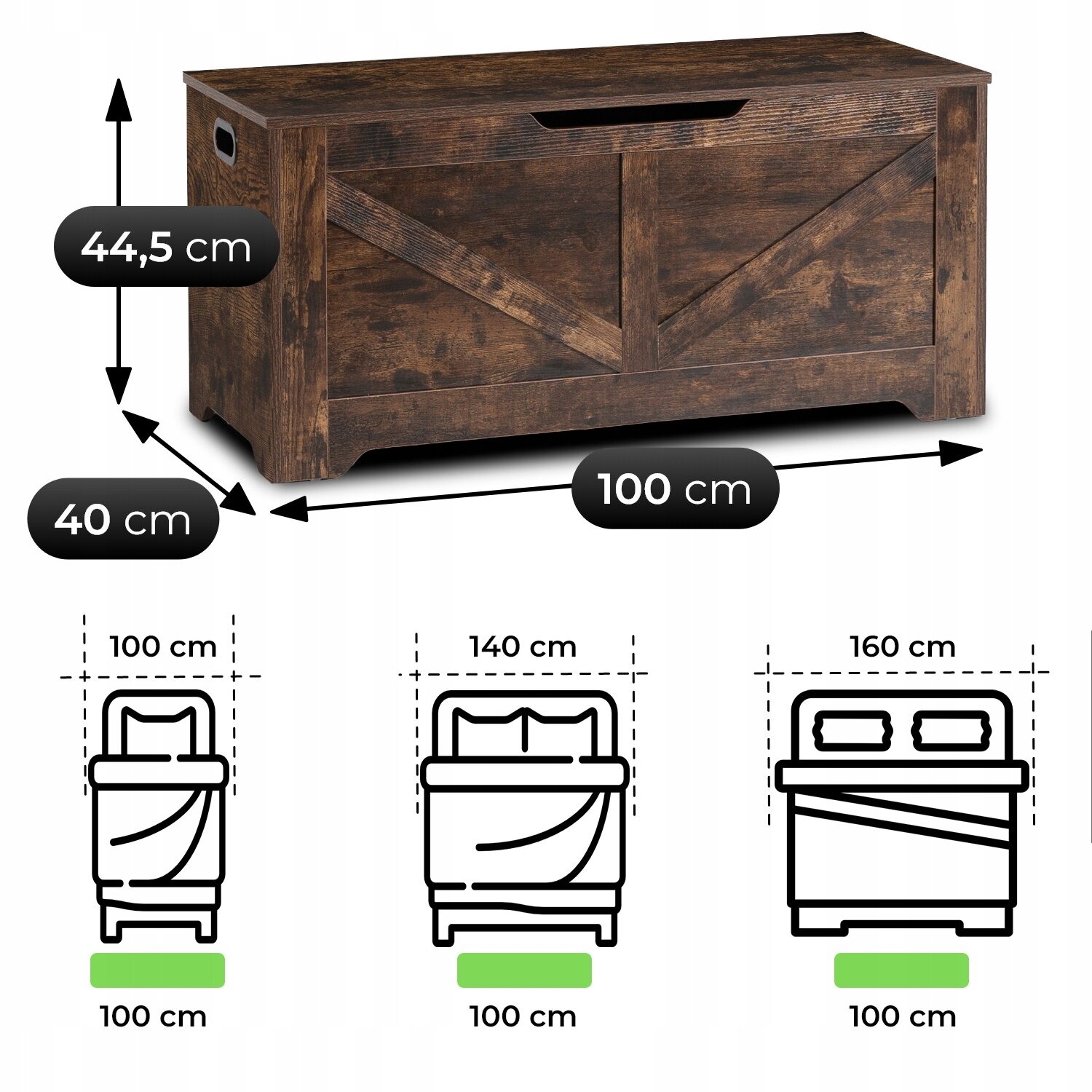 Drewniana skrzynka w kolorze dębu rustykalnego o wymiarach 44,5 cm wysokości, 100 cm szerokości i 40 cm głębokości. Poniżej znajdują się schematy łóżek z oznaczeniem szerokości 100 cm dla każdego z nich.