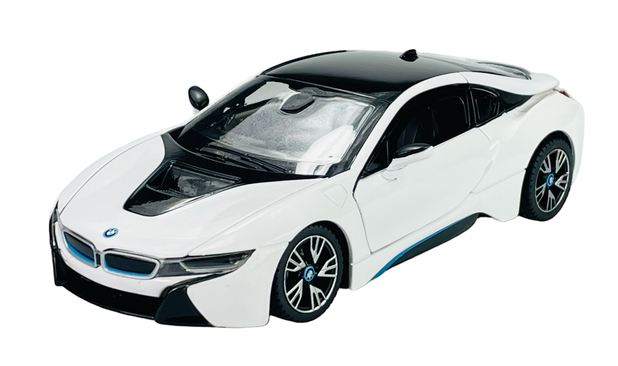 Model samochodu w kolorze białym z czarnym dachem, z widocznym logo BMW na masce. Samochód ma szczegółowe felgi i przezroczyste szyby.