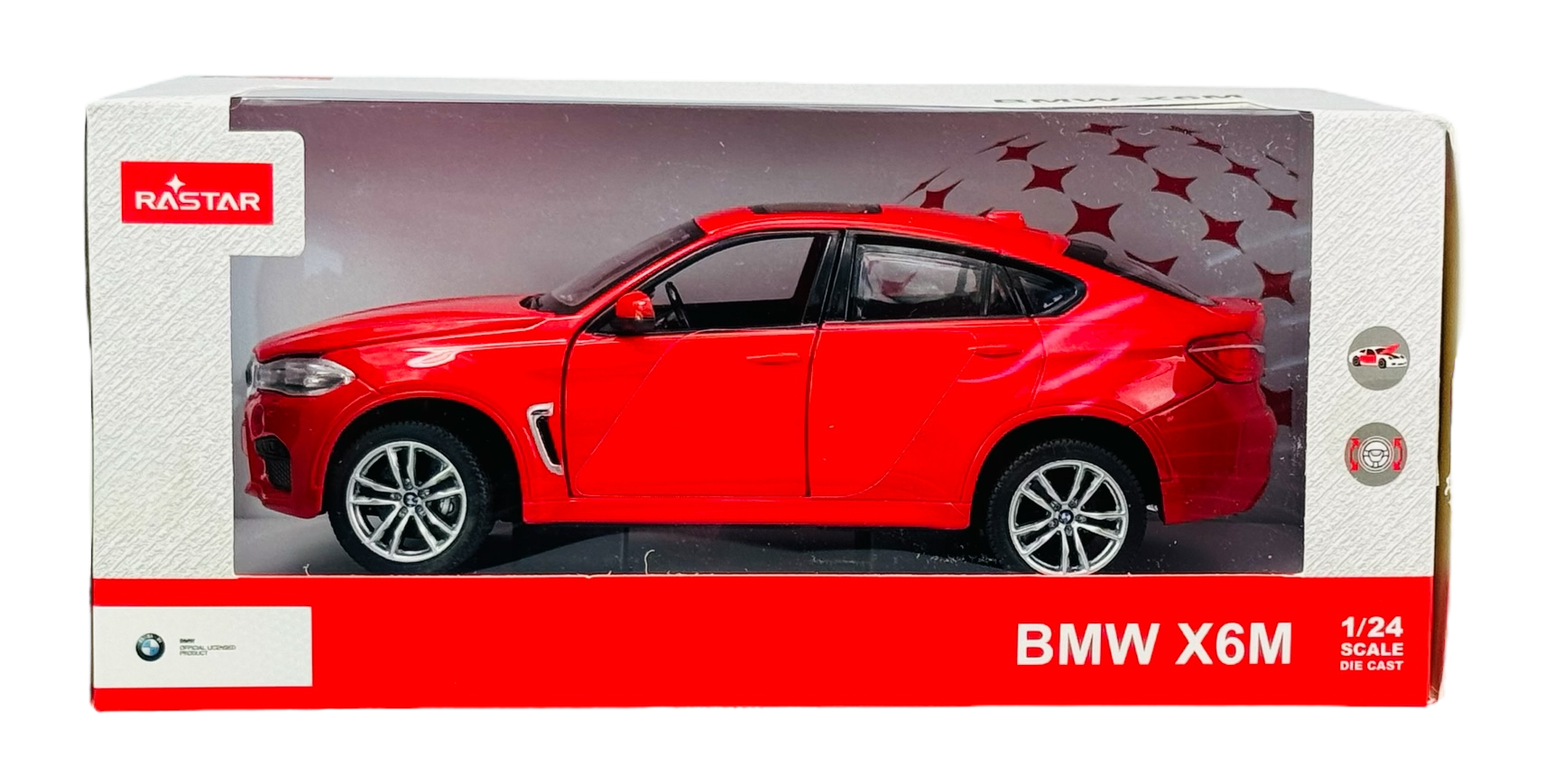 Model samochodu BMW X6M w kolorze czerwonym w skali 1:24 znajduje się w opakowaniu z logo RASTAR. Na opakowaniu widnieje napis \'BMW X6M 1/24 SCALE DIE CAST\'.