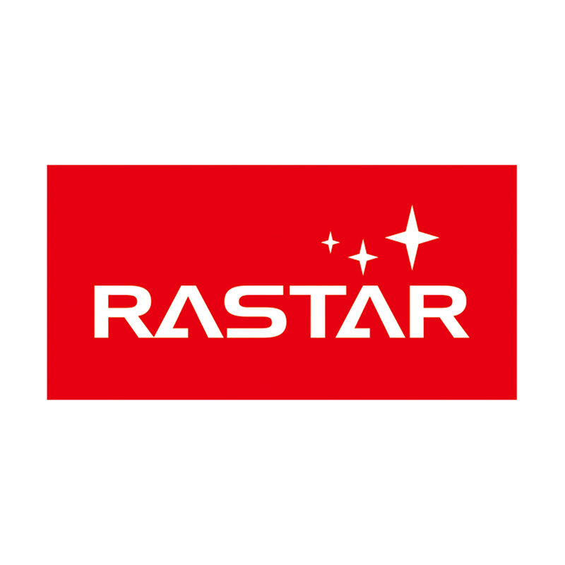 Czerwone logo z białym napisem \'RASTAR\' oraz trzema białymi gwiazdkami po prawej stronie napisu.