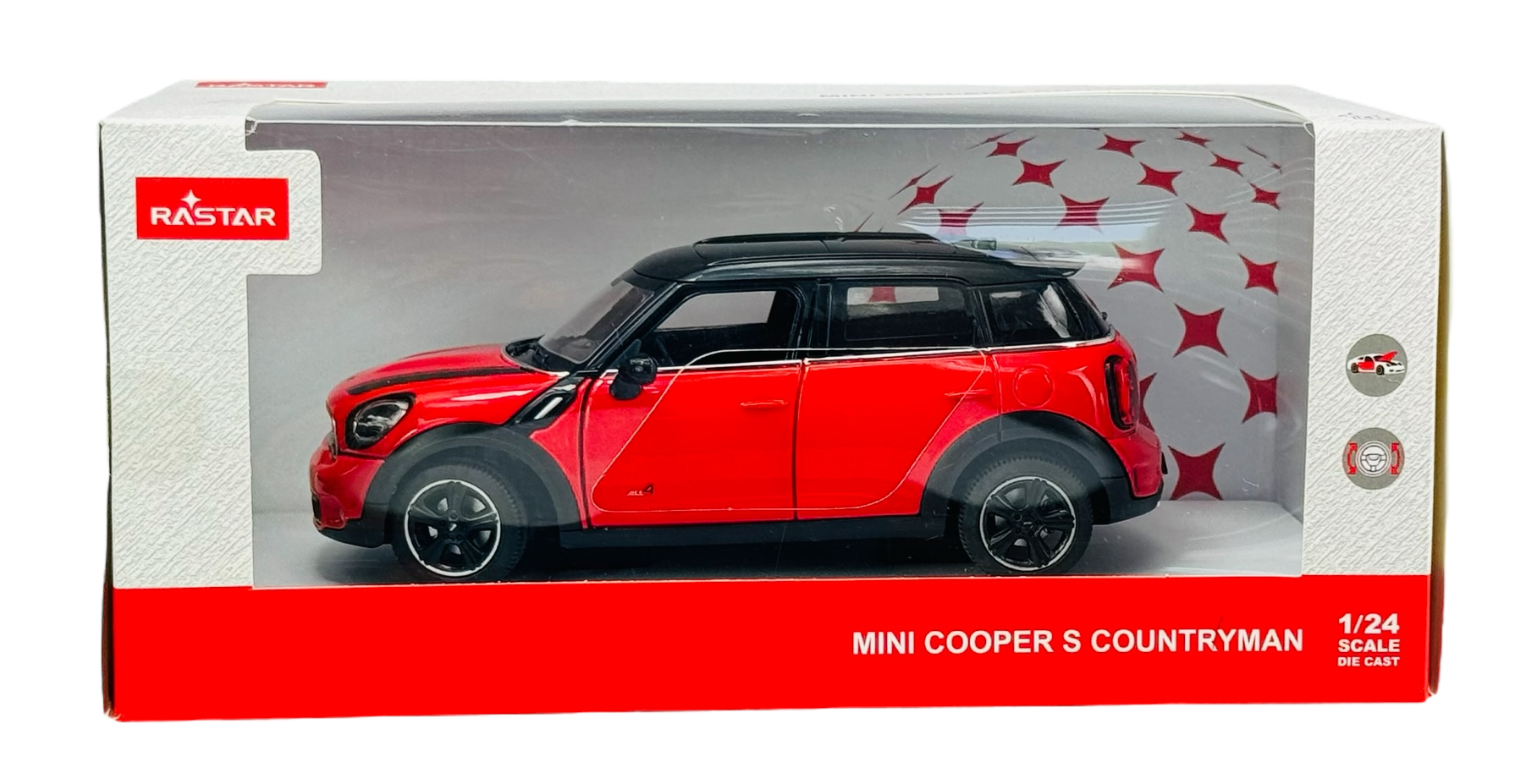 Model samochodu Mini Cooper S Countryman w kolorze czerwonym z czarnym dachem, umieszczony w pudełku z logo RASTAR. Na pudełku widnieje napis \'MINI COOPER S COUNTRYMAN 1/24 SCALE DIE CAST\'.