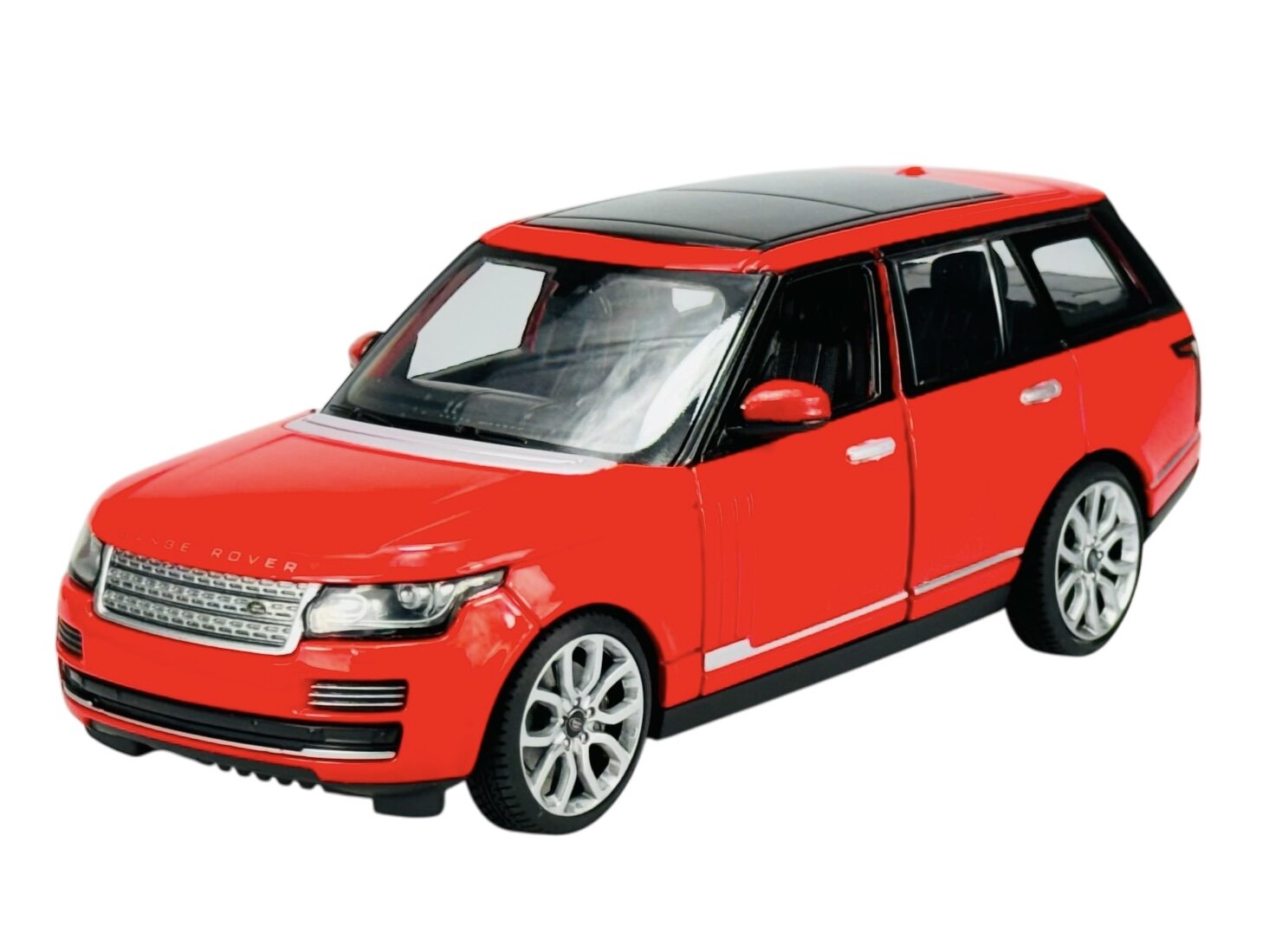 Czerwony model samochodu Range Rover z czarnym dachem i srebrnymi felgami. Na przodzie widoczne jest logo \'RANGE ROVER\'.