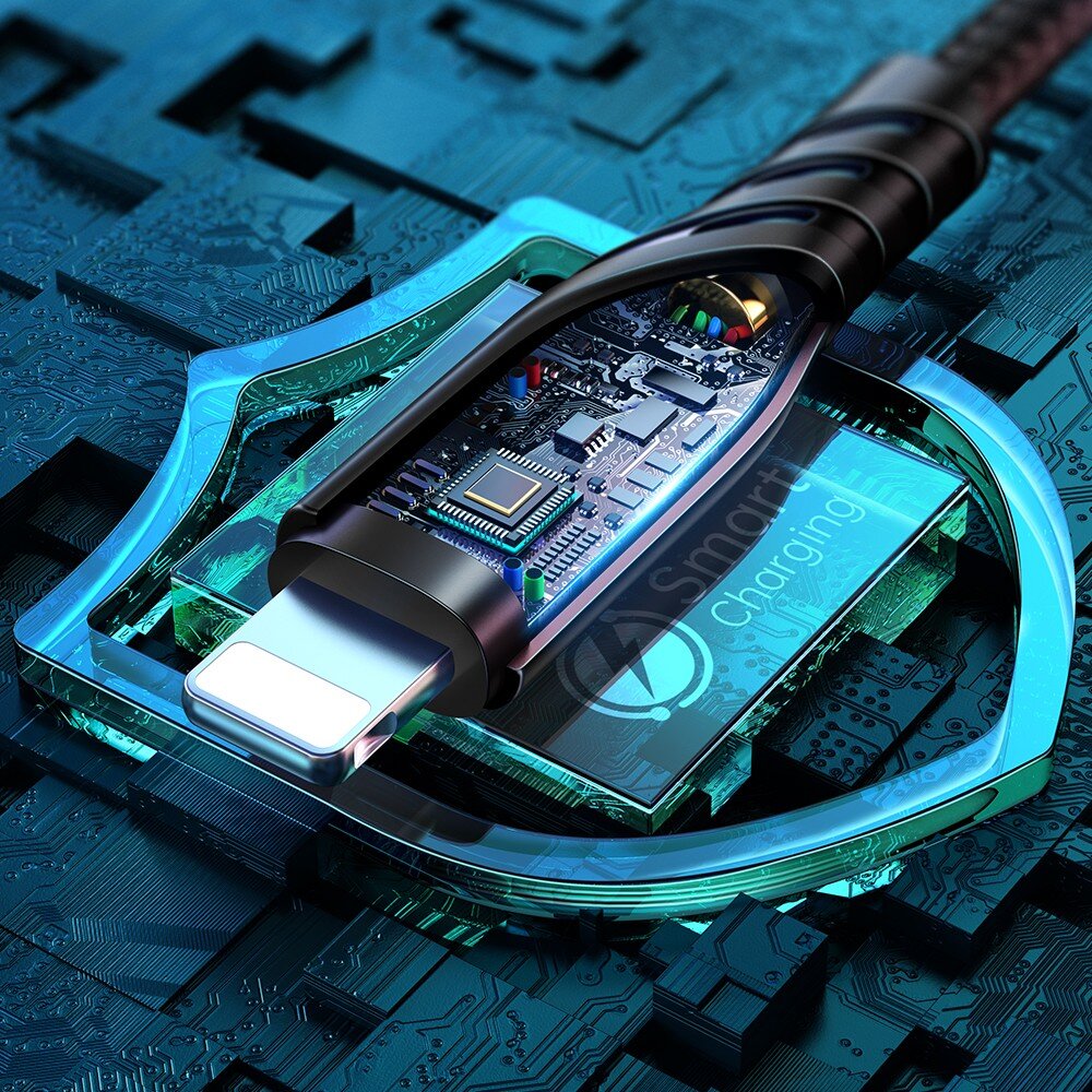 Obraz przedstawia zbliżenie na kabel USB-C z widocznymi elementami elektronicznymi wewnątrz przezroczystej obudowy. Na tle widać napis \'Smart Charging\'.