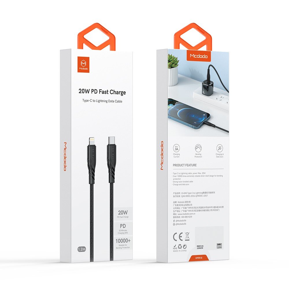 Opakowanie produktu Mcdodo z napisem \'20W PD Fast Charge Type-C to Lightning Data Cable\'. Na odwrocie widoczny jest obrazek telefonu podłączonego do ładowarki oraz szczegóły techniczne produktu.