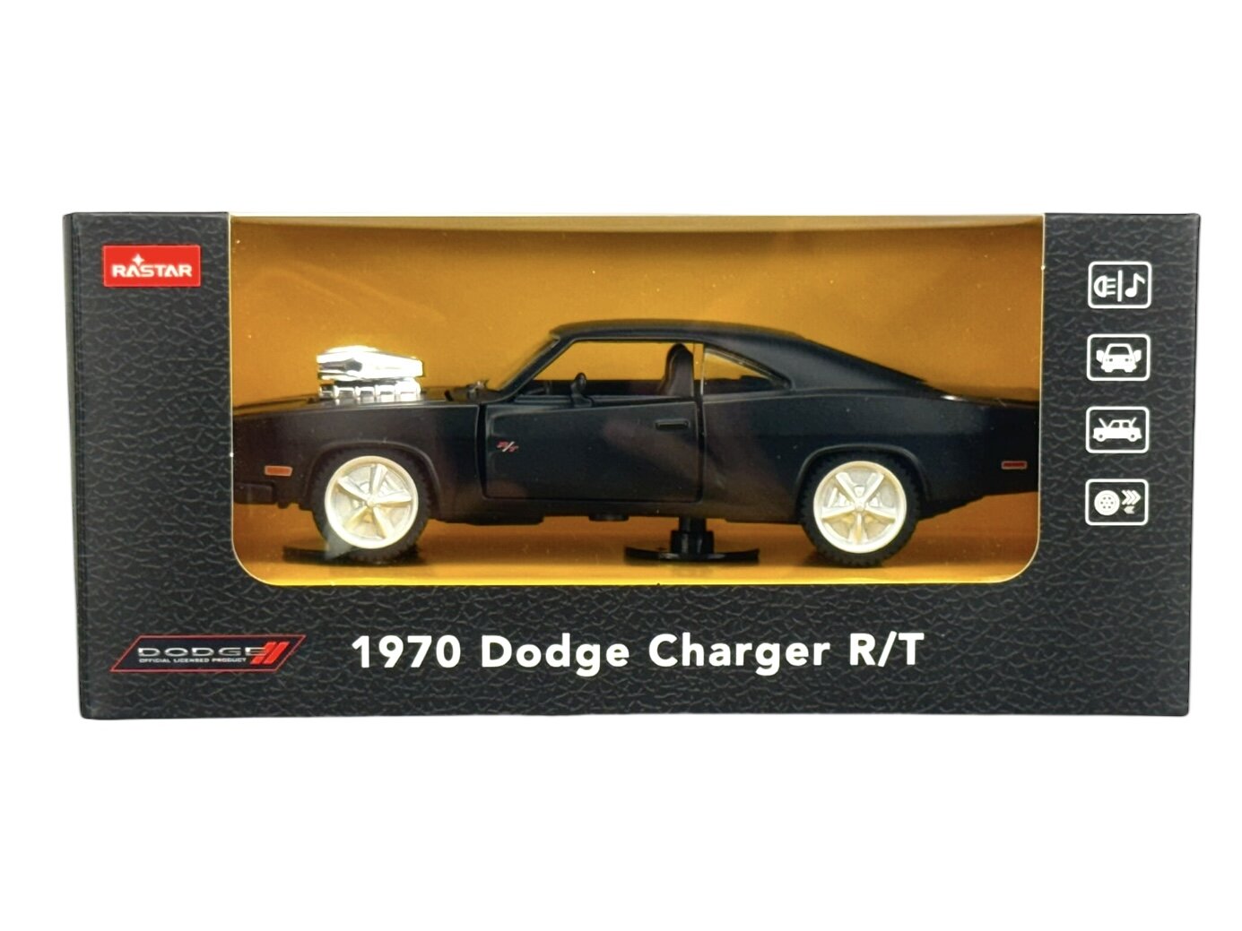 Model samochodu 1970 Dodge Charger R/T w kolorze czarnym znajduje się w pudełku z przezroczystym frontem. Na opakowaniu widoczne są logo Rastar oraz napisy \'1970 Dodge Charger R/T\'.