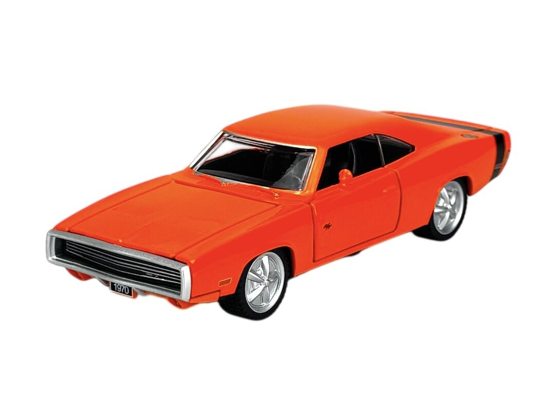 Model samochodu w kolorze pomarańczowym z czarnymi detalami, przedstawiający klasyczny pojazd z 1970 roku. Na tablicy rejestracyjnej widoczny jest napis \'1970\'.