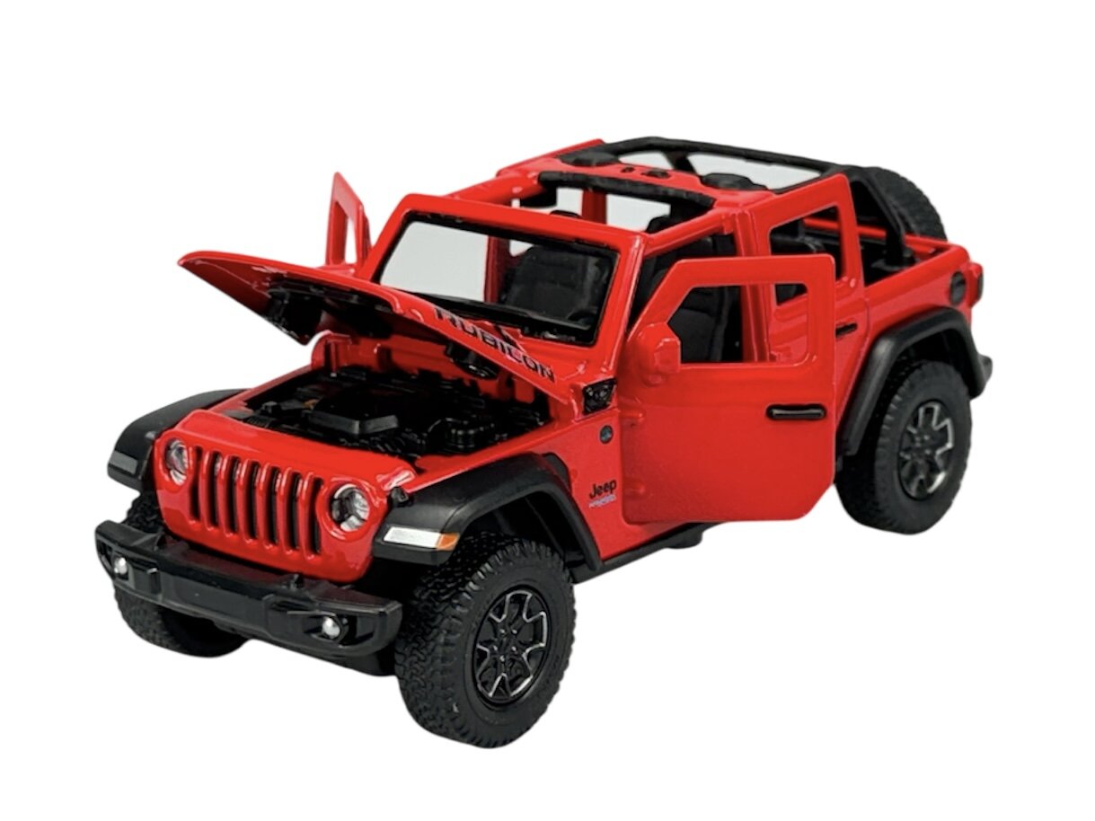 Czerwony model samochodu terenowego z otwartymi drzwiami i maską, z widocznym napisem \'Rubicon\' na masce. Na drzwiach znajduje się logo \'Jeep\'.