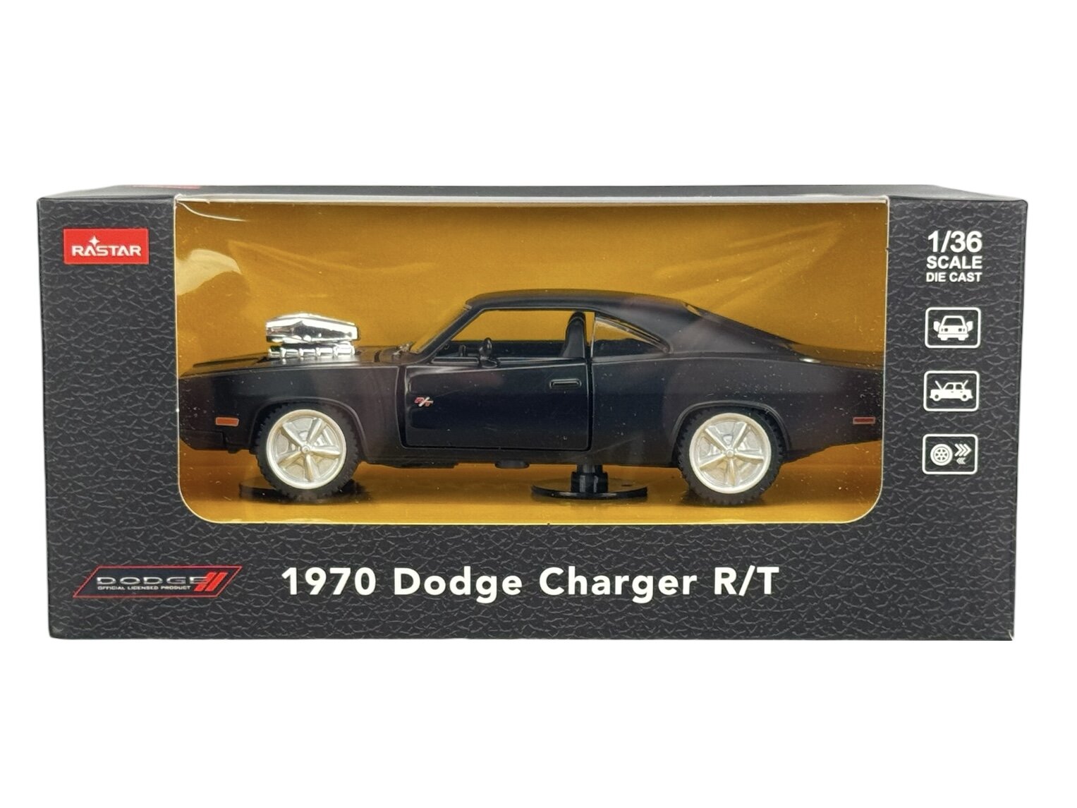 Model samochodu 1970 Dodge Charger R/T w kolorze czarnym w skali 1:36 znajduje się w pudełku z logo Rastar. Na opakowaniu widnieje napis \'1970 Dodge Charger R/T\'.