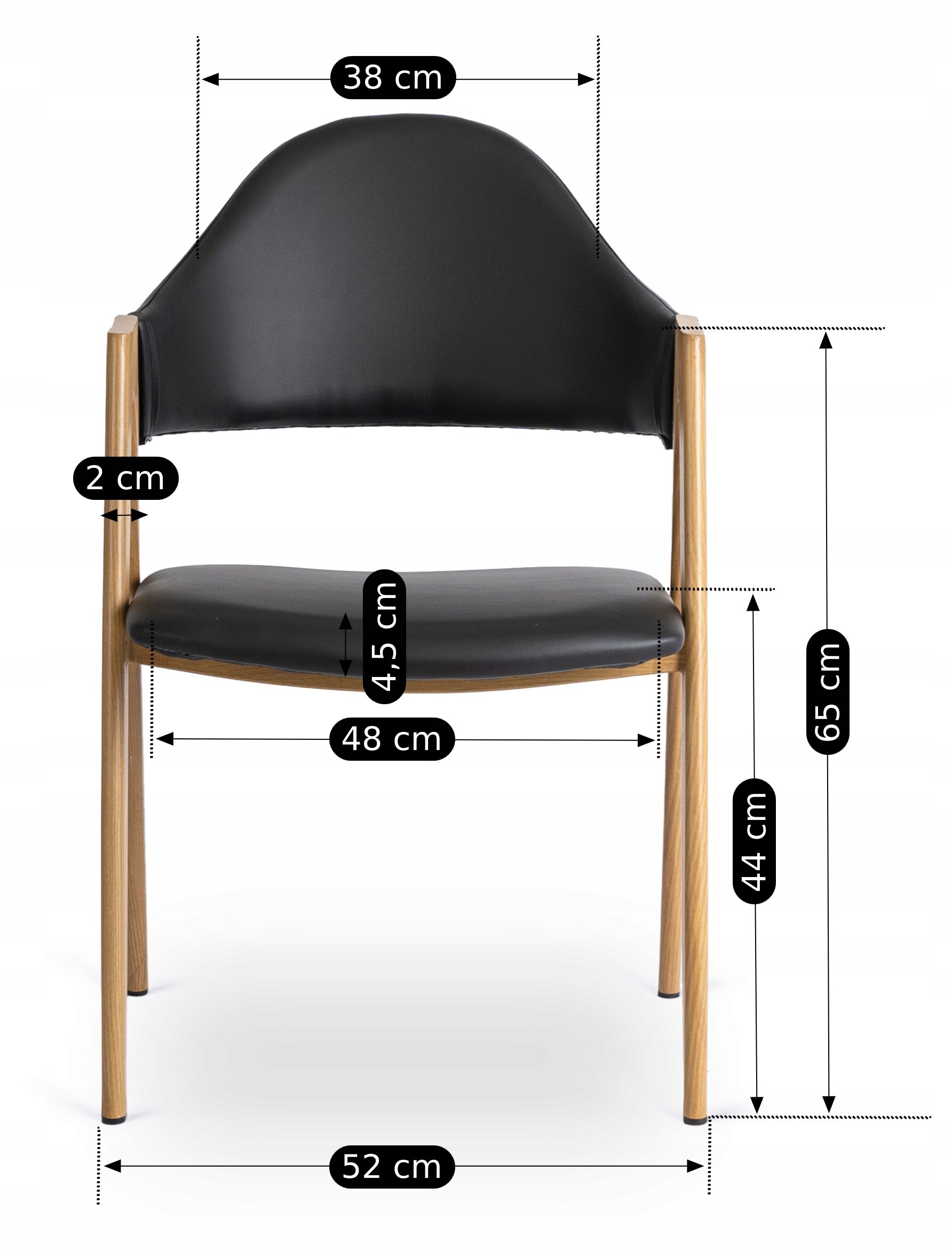 Obraz przedstawia czarne, tapicerowane krzesło z drewnianymi nogami, z wymiarami: szerokość siedziska 48 cm, głębokość siedziska 52 cm, wysokość oparcia 65 cm, grubość siedziska 4,5 cm, szerokość oparcia 38 cm, grubość nóg 2 cm, wysokość siedziska od ziemi 44 cm.