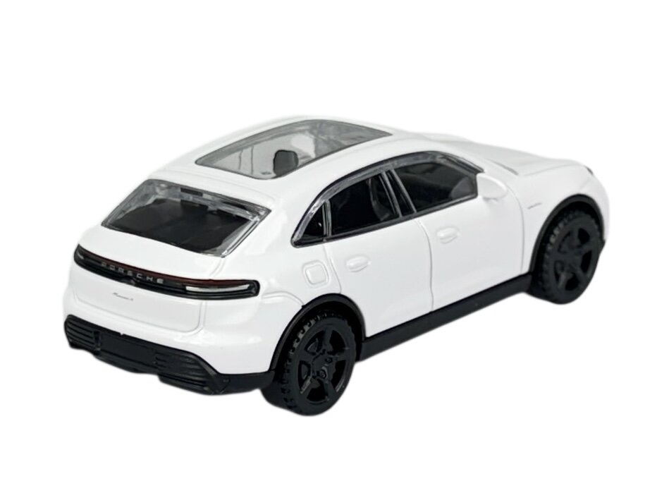 Model samochodu w skali 1:43 przedstawiający biały pojazd z czarnymi kołami i przezroczystym dachem. Na tylnej części widoczny jest napis \'Porsche\'.