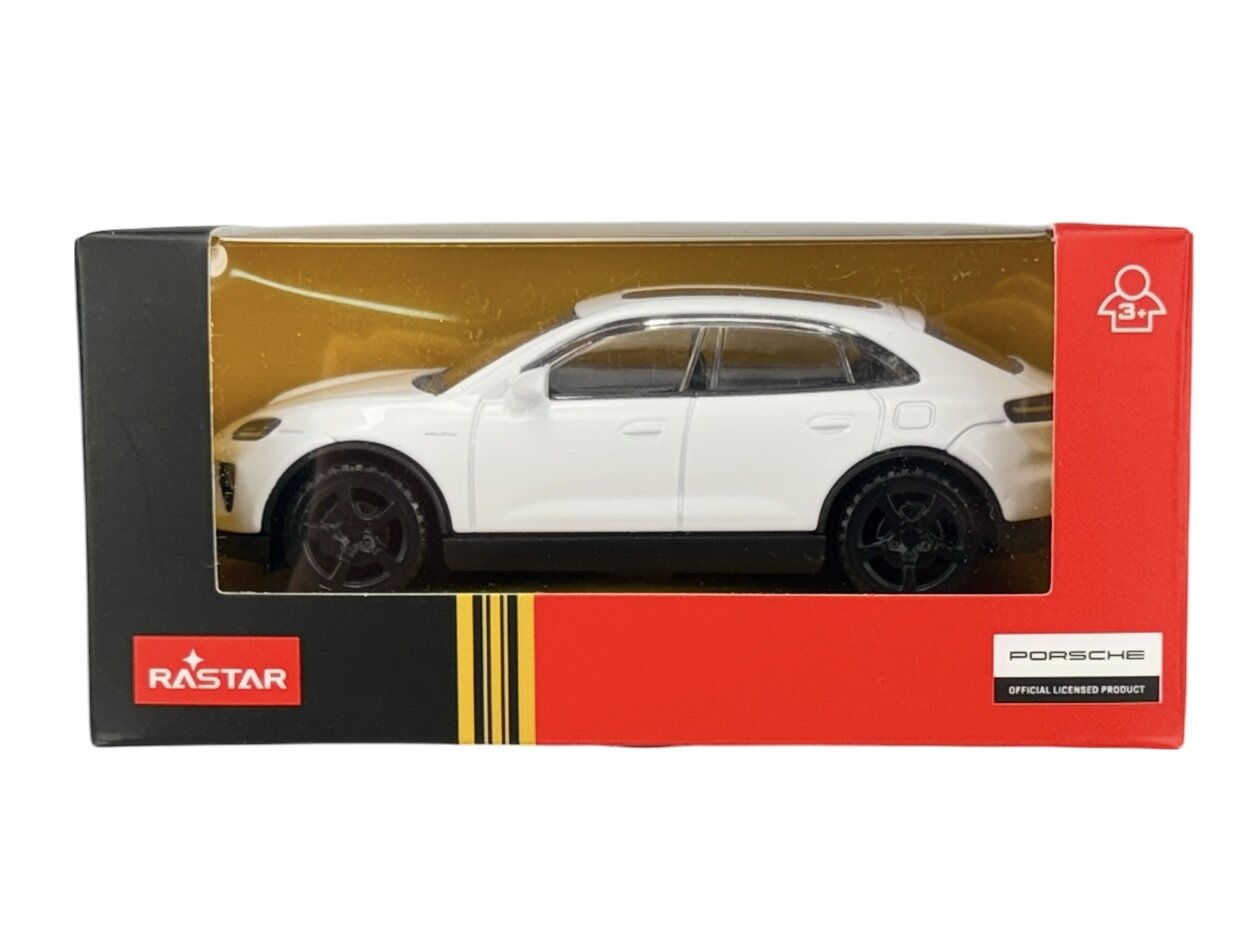 Model samochodu w skali 1:43 w kolorze białym, zapakowany w pudełko z przezroczystym frontem. Na opakowaniu widoczne są loga \'RASTAR\' i \'PORSCHE\'.