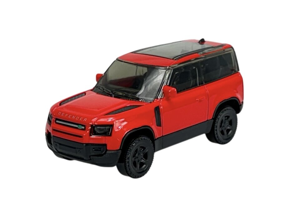 Czerwony model samochodu terenowego z czarnymi detalami i napisem \'DEFENDER\' na masce. Posiada czarne koła i przyciemniane szyby.