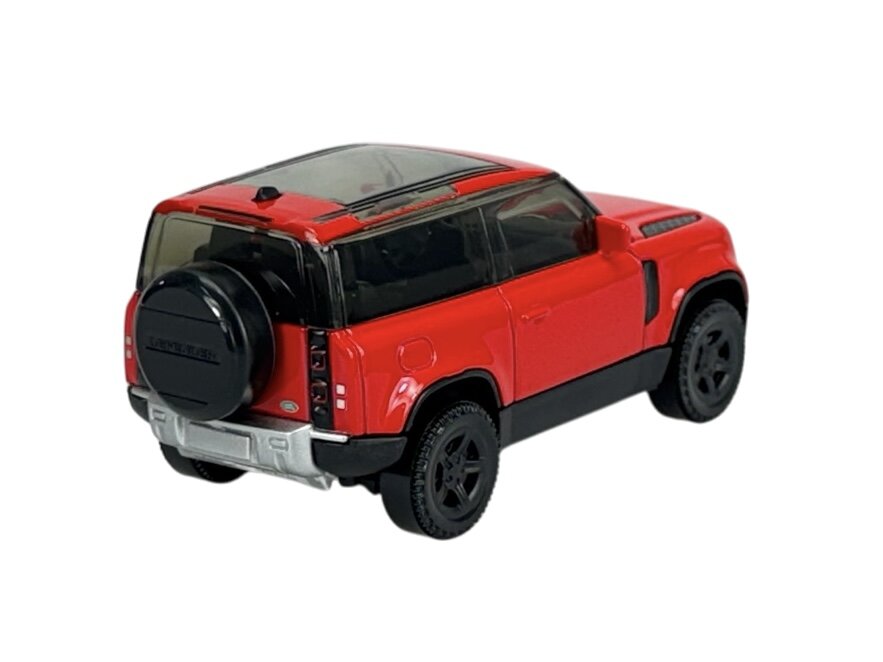 Model samochodu w kolorze czerwonym z czarnymi elementami, widoczny z tyłu. Na kole zapasowym znajduje się napis \'LAND ROVER\'.