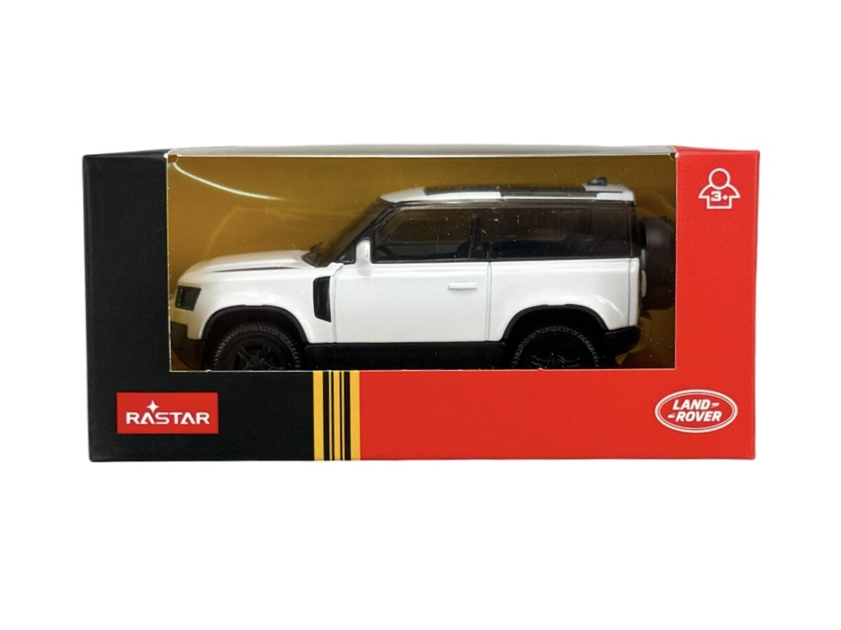 Model samochodu w skali 1:43 w kolorze białym, zapakowany w pudełko z logo RASTAR i Land Rover. Na opakowaniu widoczny jest symbol wskazujący na wiek 3+.