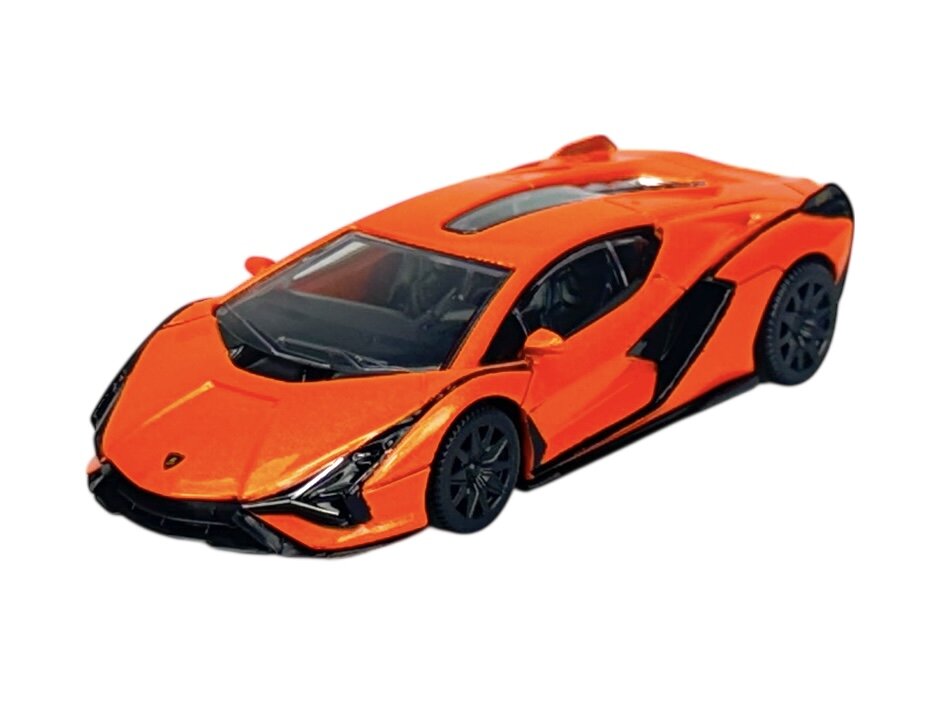 Model samochodu w skali 1:43 w kolorze pomarańczowym, z czarnymi detalami i kołami. Na masce widoczne jest logo producenta.
