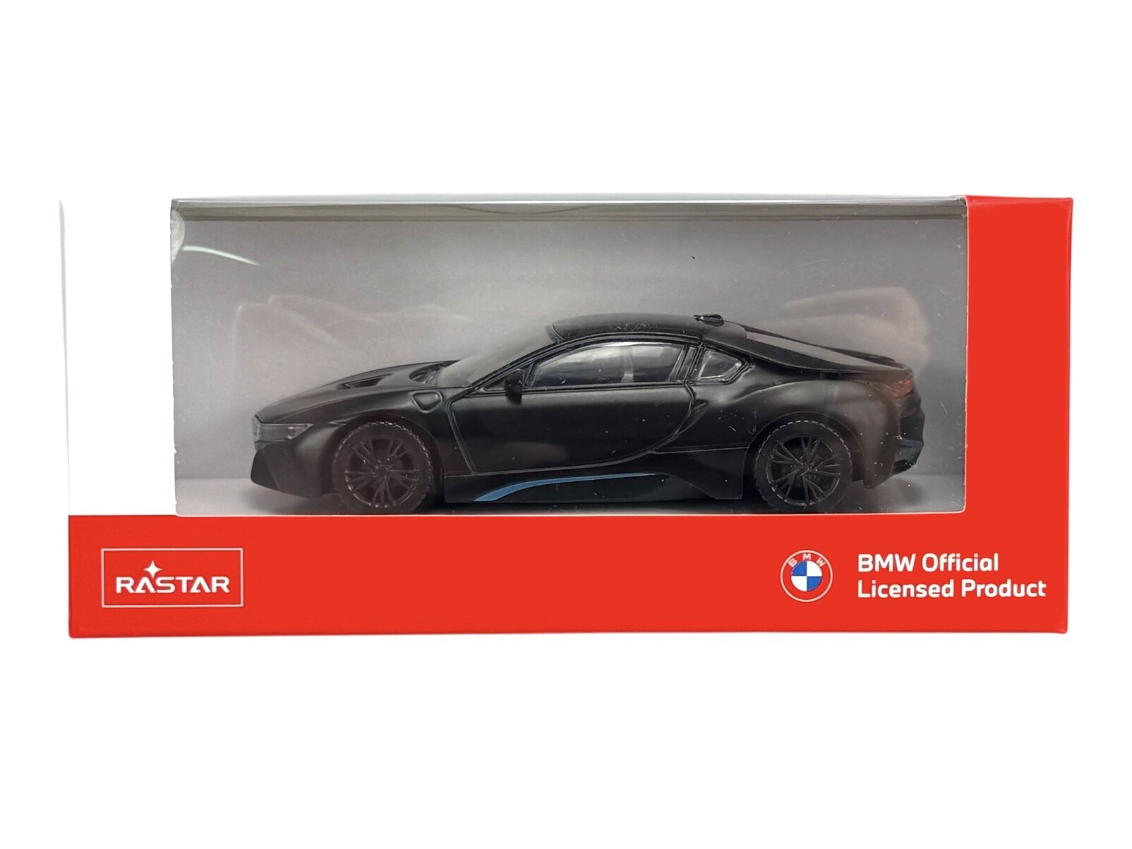 Model samochodu w skali 1:43 w kolorze czarnym, zapakowany w pudełko z przezroczystym frontem. Na opakowaniu widoczne są logo Rastar oraz napis \'BMW Official Licensed Product\'.