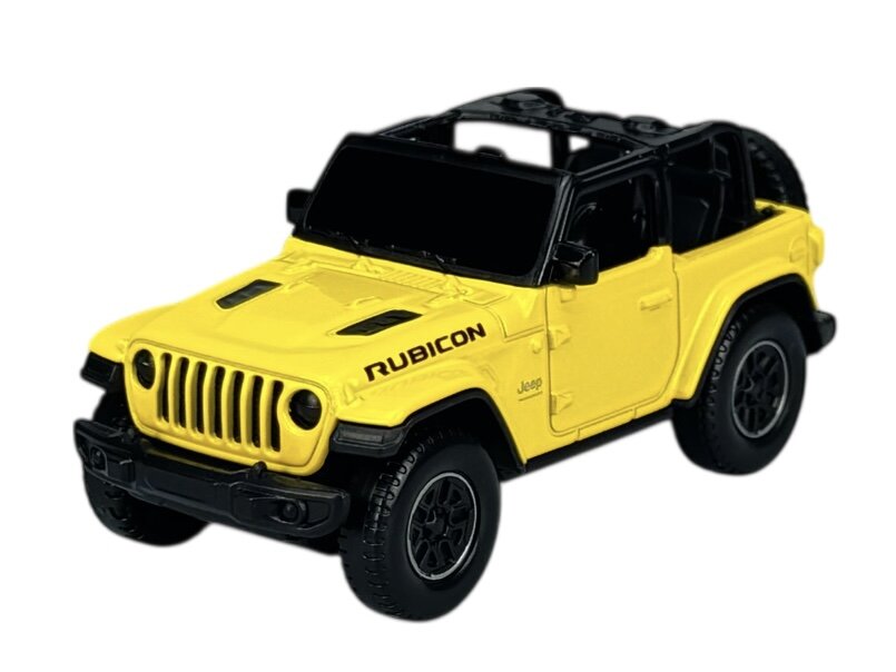 Model samochodu w skali 1:43 przedstawiający żółty pojazd terenowy z napisem \'RUBICON\' na masce i \'Jeep\' na drzwiach. Samochód ma czarne detale, takie jak dach i zderzaki.