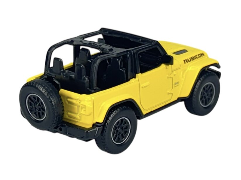 Model samochodu w skali 1:43 przedstawiający żółty Jeep Wrangler Rubicon z otwartym dachem i widocznym kołem zapasowym z tyłu. Na boku pojazdu widoczny jest napis \'RUBICON\'.