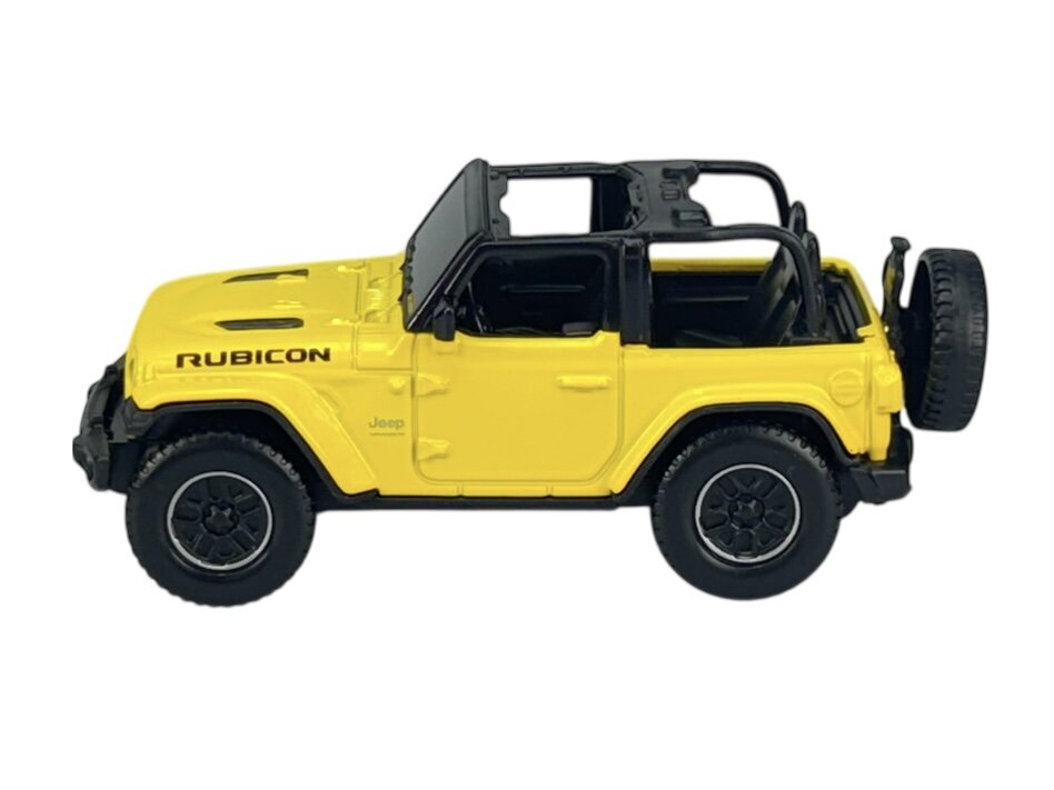 Żółty model samochodu terenowego z otwartym dachem, z napisem \'RUBICON\' na masce i \'Jeep\' na drzwiach. Posiada czarne elementy wykończenia i koło zapasowe z tyłu.