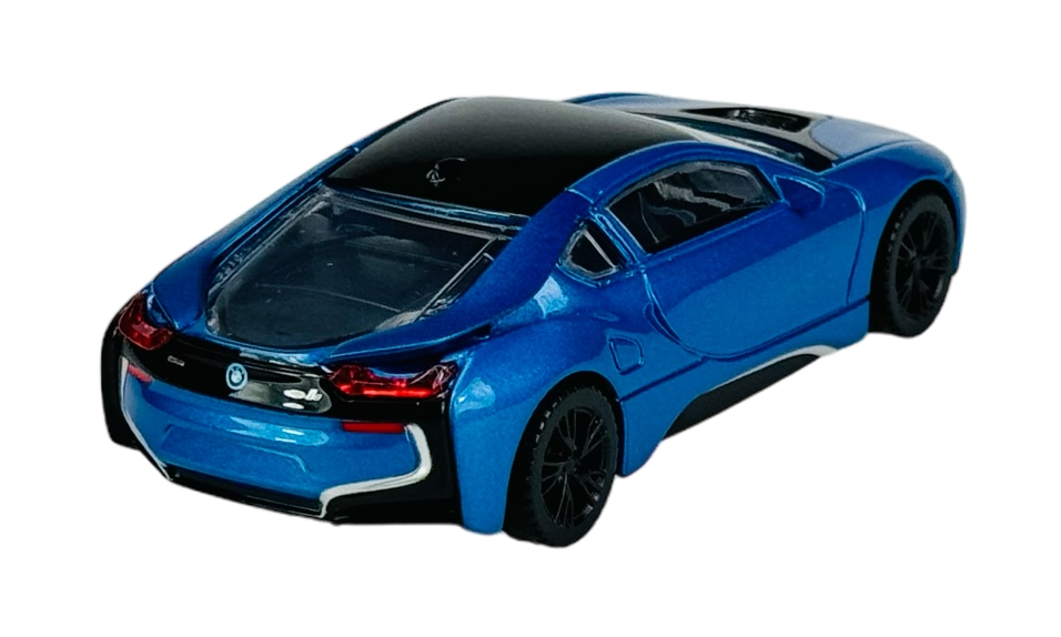 Model samochodu w kolorze niebieskim z czarnymi elementami, przedstawiający sportowy pojazd z logo BMW z tyłu. Samochód ma przezroczyste okna i czarne felgi.