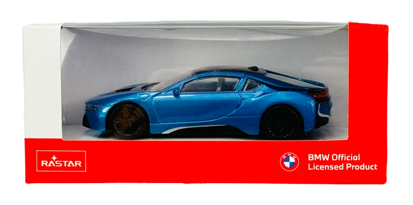 Model samochodu w kolorze niebieskim w skali 1:43 znajduje się w opakowaniu z logo Rastar i BMW Official Licensed Product.