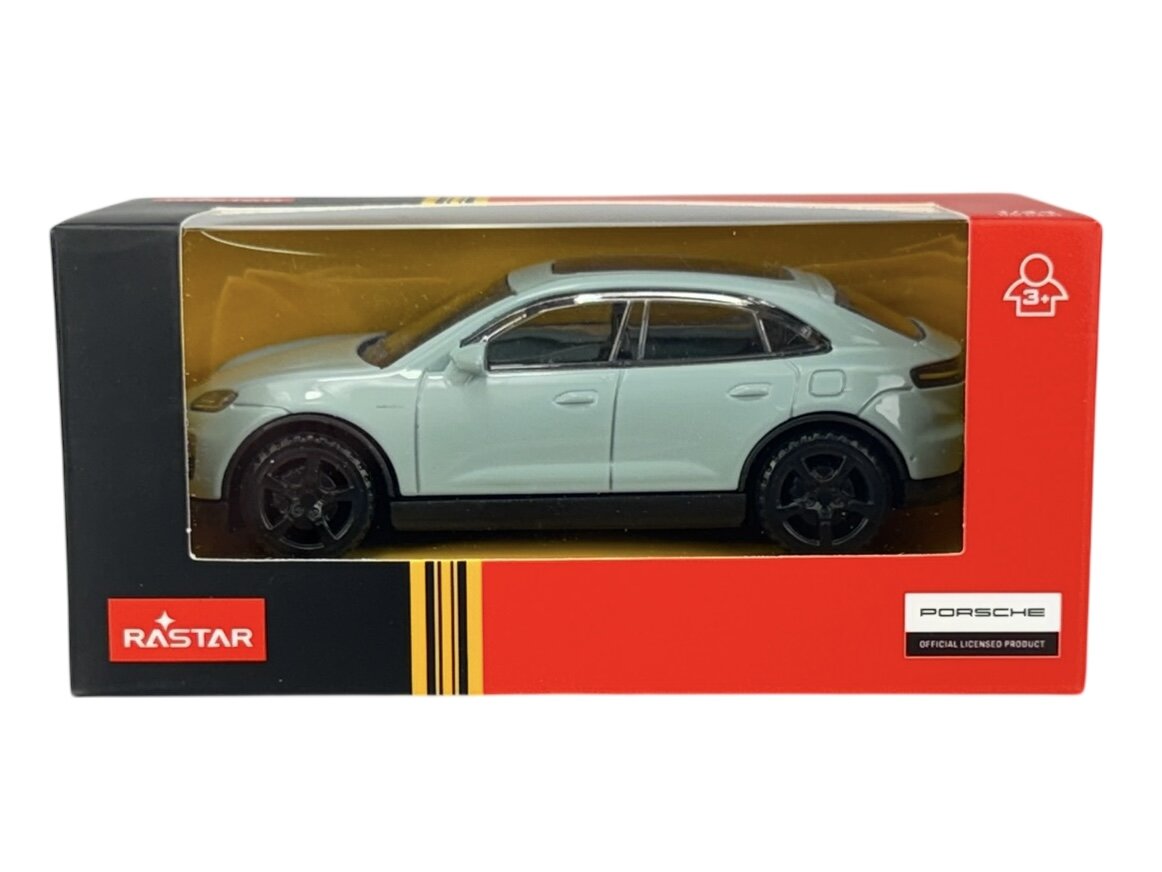 Model samochodu w skali 1:43 w kolorze szarym, umieszczony w pudełku z przezroczystym frontem. Na opakowaniu widoczne są loga \'RASTAR\' i \'PORSCHE\'.