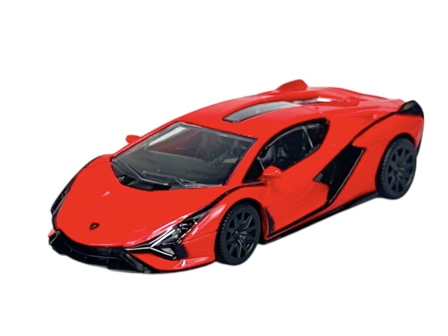 Czerwony model samochodu sportowego z czarnymi detalami i ciemnymi kołami. Samochód ma aerodynamiczny kształt i przeszklony dach.