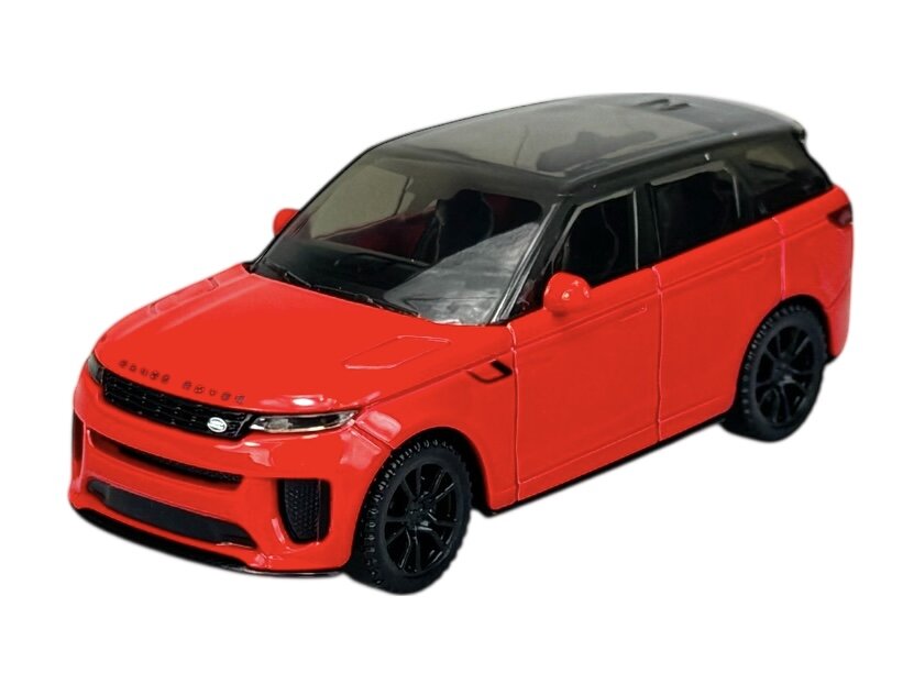 Czerwony model samochodu z czarnym dachem i czarnymi kołami, przypominający SUV-a. Na masce widoczny jest napis \'Range Rover\'.