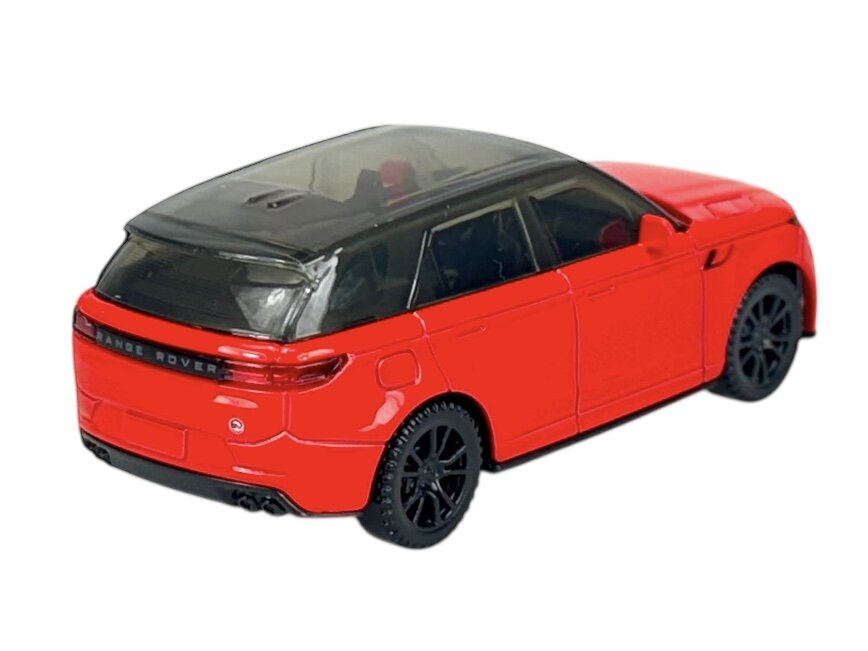 Czerwony model samochodu Range Rover z czarnym dachem i kołami, widoczny z tyłu i z boku. Na tylnej części pojazdu znajduje się napis \'RANGE ROVER\'.