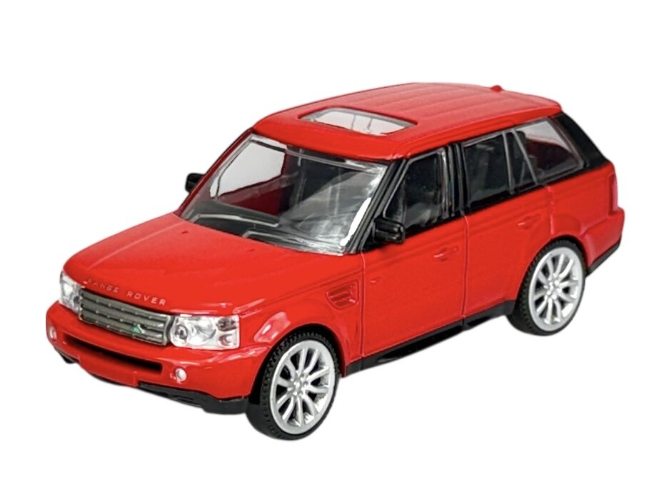 Czerwony model samochodu Range Rover Sport w skali 1:43 z metalowym nadwoziem. Na przodzie widoczne jest logo \'Range Rover\'.