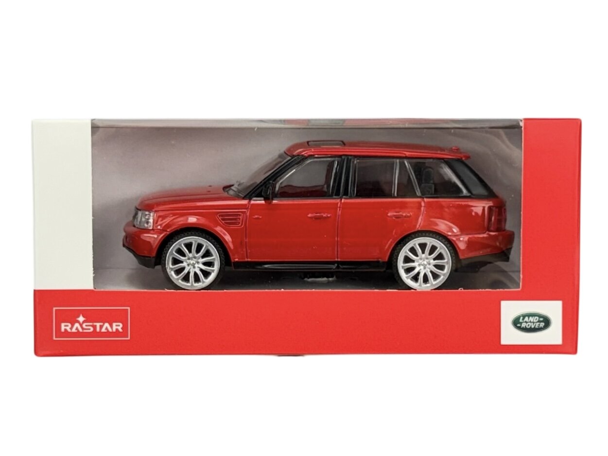 Model samochodu w skali 1:43 w kolorze czerwonym, zapakowany w pudełko z logo \'RASTAR\' i \'LAND ROVER\'.