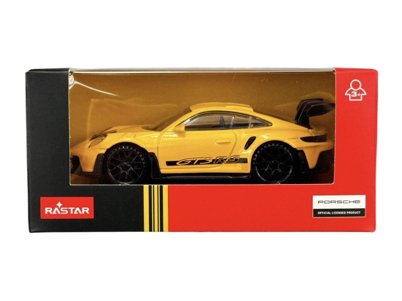 Model samochodu Porsche 911 GT3 RS w kolorze żółtym znajduje się w pudełku z przezroczystym frontem. Na opakowaniu widoczne są loga \'RASTAR\' i \'PORSCHE OFFICIAL LICENSED PRODUCT\'.