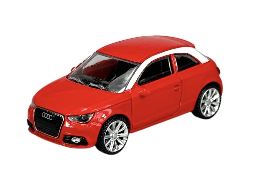 Czerwony model samochodu z logo Audi na przednim grillu, wykonany z metalu, z widocznymi srebrnymi felgami i czarnymi szybami.