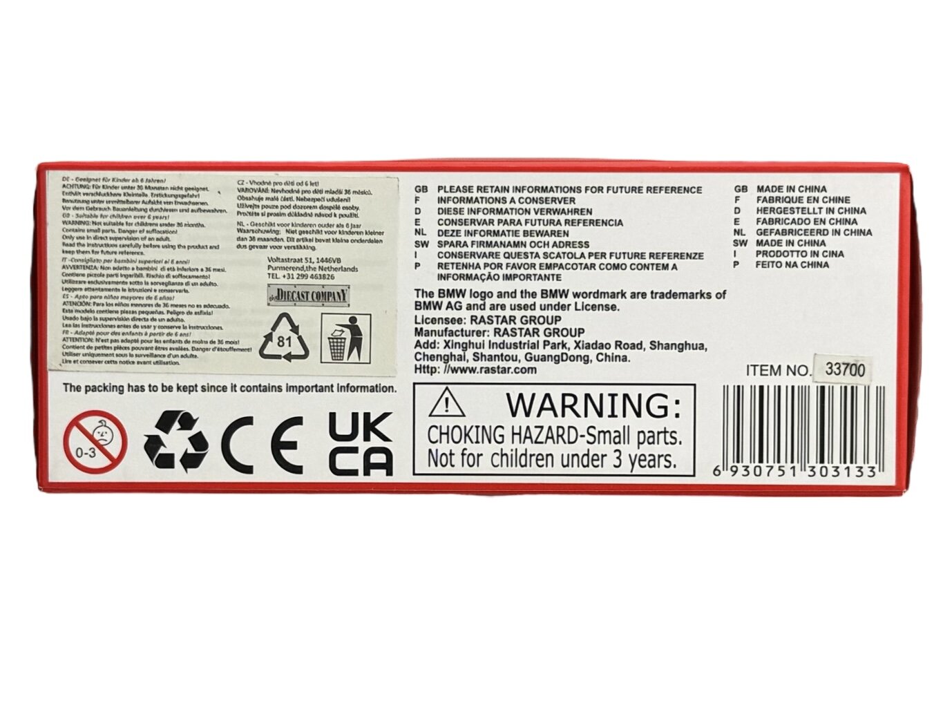 Opakowanie z informacjami o produkcie, zawierające ostrzeżenie: \'WARNING: CHOKING HAZARD-Small parts. Not for children under 3 years.\' oraz numer produktu \'ITEM NO. 33700\'.