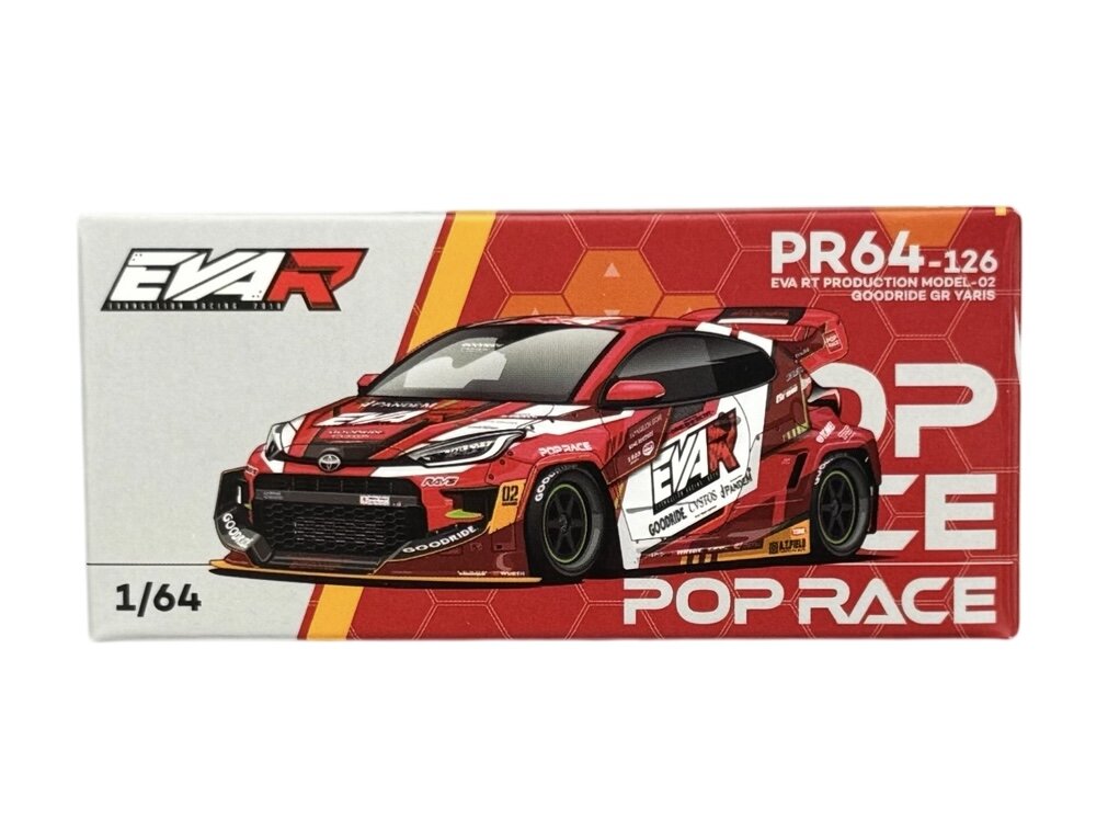 Opakowanie modelu samochodu w skali 1/64 z grafiką czerwonego auta wyścigowego i napisami \'EVA RT PRODUCTION MODEL-02 GOODRIDE GR YARIS\'. Widoczne są także oznaczenia \'PR64-126\' oraz logo \'EVA R\'.