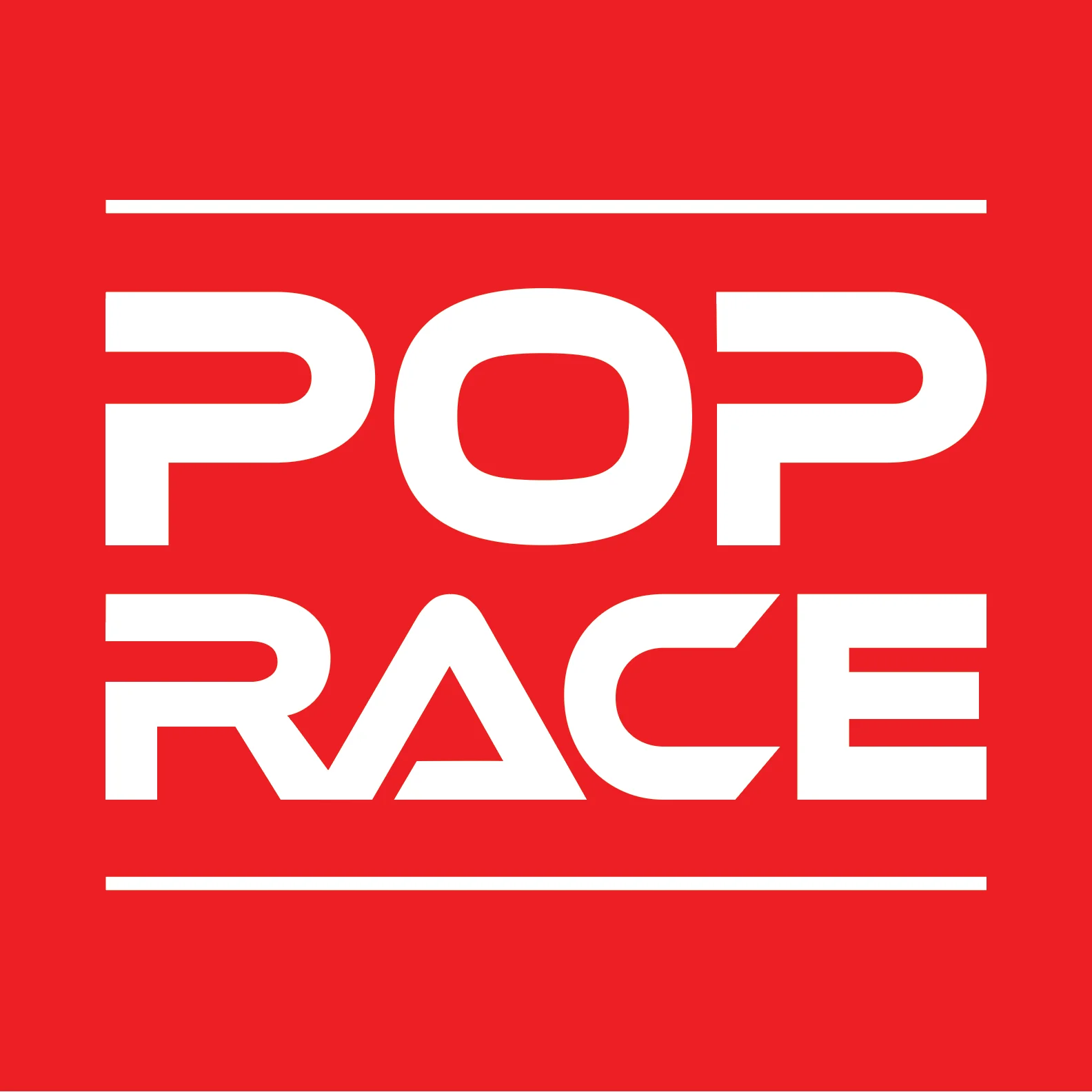 Czerwone tło z białym napisem \'POP RACE\' w dwóch liniach, otoczonym białymi liniami na górze i dole.