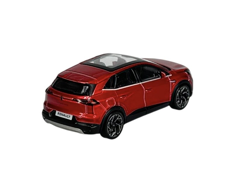 Model samochodu w kolorze czerwonym z czarnymi detalami, widoczny z tyłu i z boku. Na tablicy rejestracyjnej widnieje napis \'RENAULT\'.