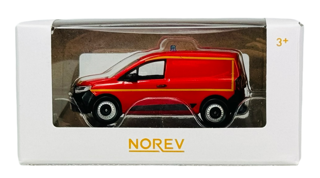 Model samochodu w skali 1:64 w kolorze czerwonym, zapakowany w przezroczyste pudełko z napisem \'NOREV\'.