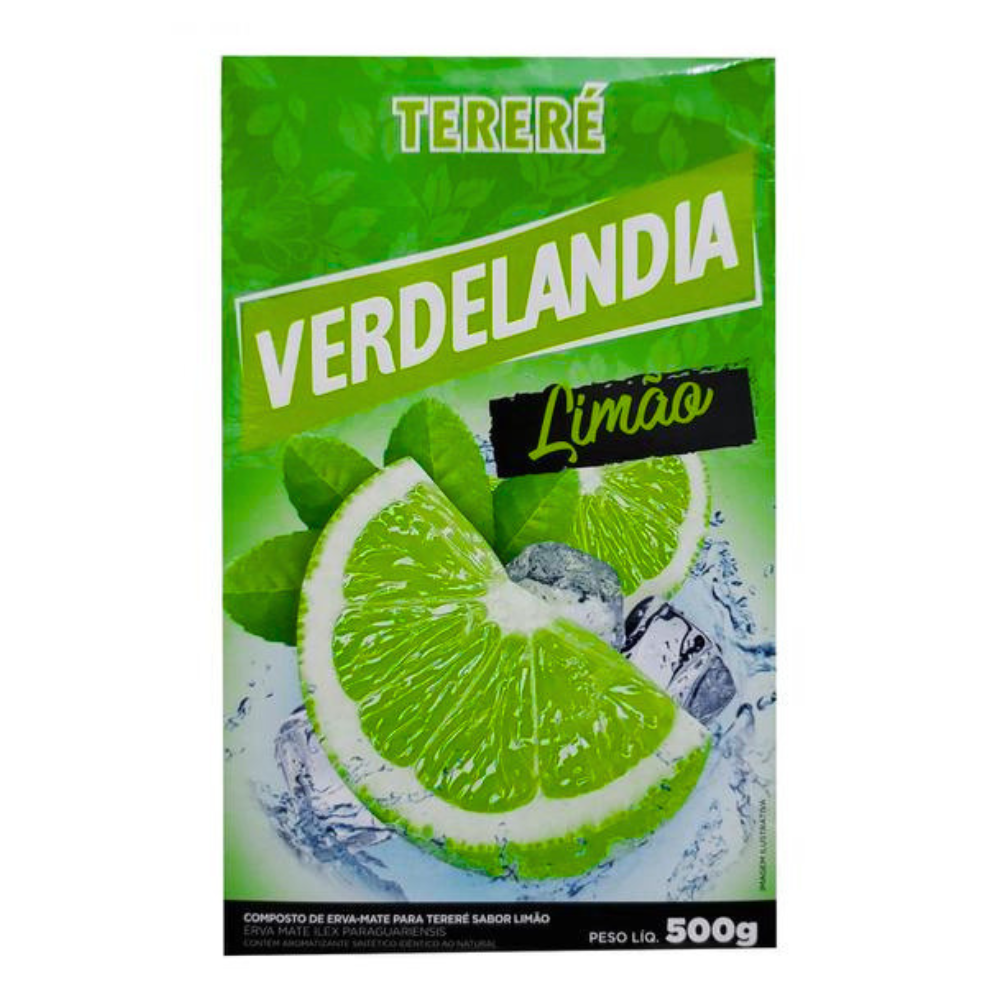 Opakowanie yerba mate z napisem \'VERDELANDIA Limão\' oraz grafiką plasterka limonki i kostek lodu. Na górze widnieje napis \'TERERÉ\', a na dole \'PESO LÍQ. 500g\'.