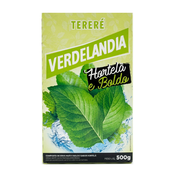 Opakowanie produktu z napisem \'TERERÉ VERDELANDIA Hortelã e Boldo\' oraz grafiką zielonych liści. W dolnej części widnieje informacja \'PESO LÍQ. 500g\'.