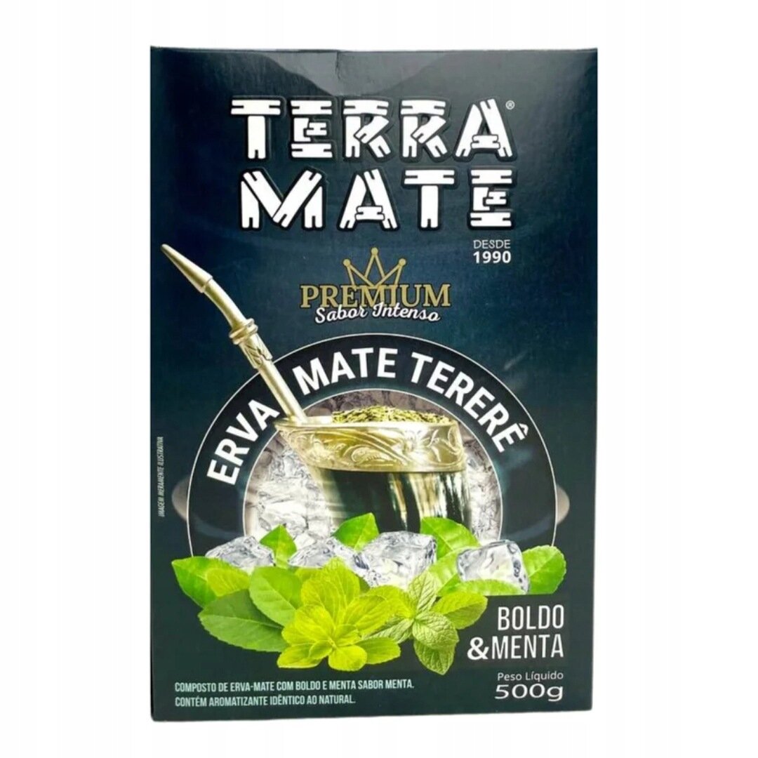 Opakowanie produktu Terra Mate z napisem \'PREMIUM Sabor Intenso\' oraz \'ERVA MATE TERERÊ\'. Widoczne są liście mięty, kostki lodu i napis \'BOLDO & MENTA Peso Líquido 500g\'.