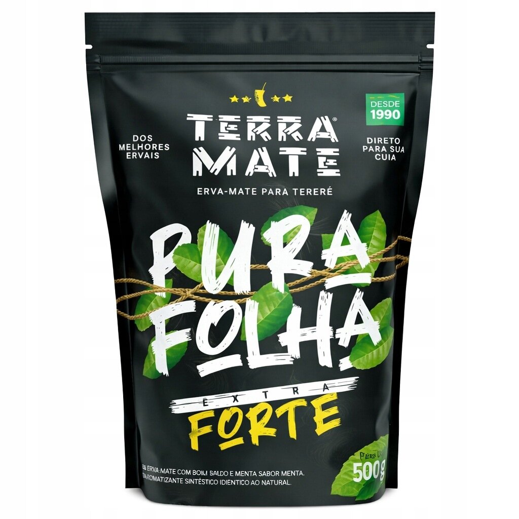 Opakowanie Yerba Mate Terra Mate Terere Pura Folha - Extra Mocna 500g z czarnym tłem i białymi oraz żółtymi napisami. Widoczne są zielone liście i napis \'PURA FOLHA EXTRA FORTE\'.