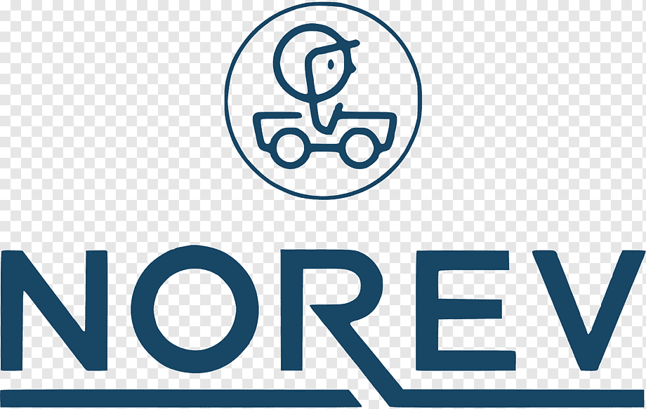 Logo przedstawia stylizowaną postać w samochodzie w okręgu nad napisem \'NOREV\'.