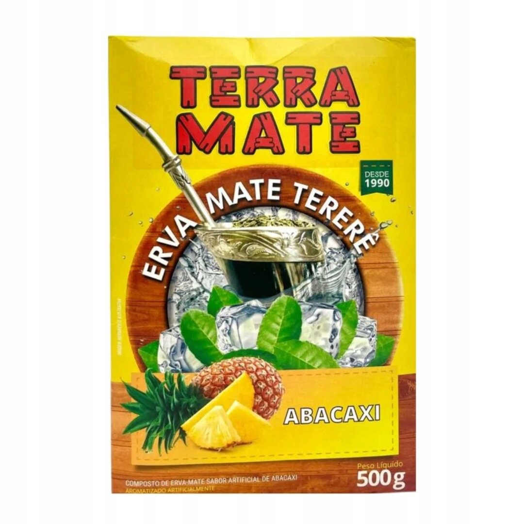 Opakowanie yerba mate Terra Mate Terere z napisem \'ERVA MATE TERERÉ\' i grafiką ananasa oraz liści mięty. Na dole widnieje napis \'ABACAXI\' oraz informacja o wadze 500g.