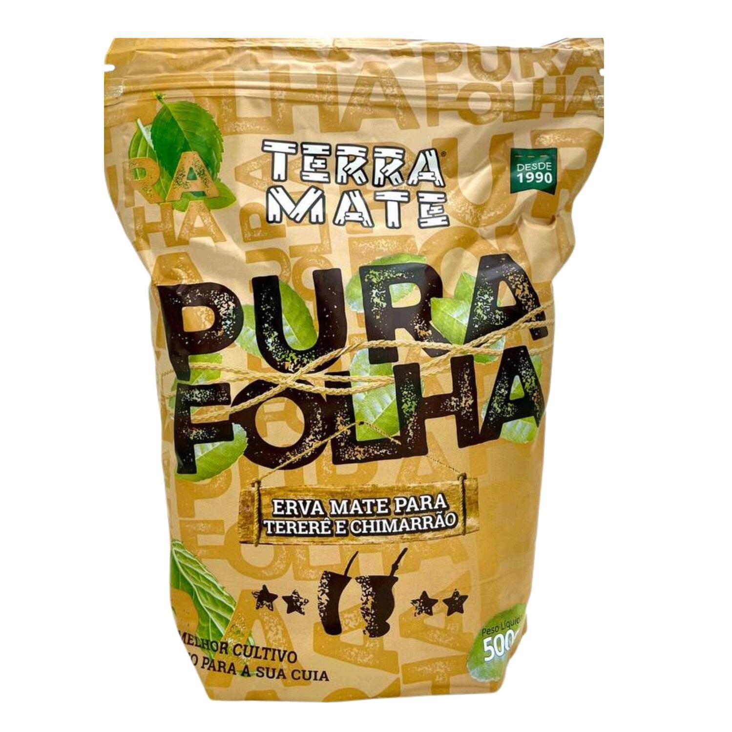 Opakowanie yerba mate Terra Mate Pura Folha o wadze 500g, z dużym napisem \'PURA FOLHA\' i grafiką liści. Na opakowaniu widnieje również tekst \'ERVA MATE PARA TERERÉ E CHIMARRÃO\'.