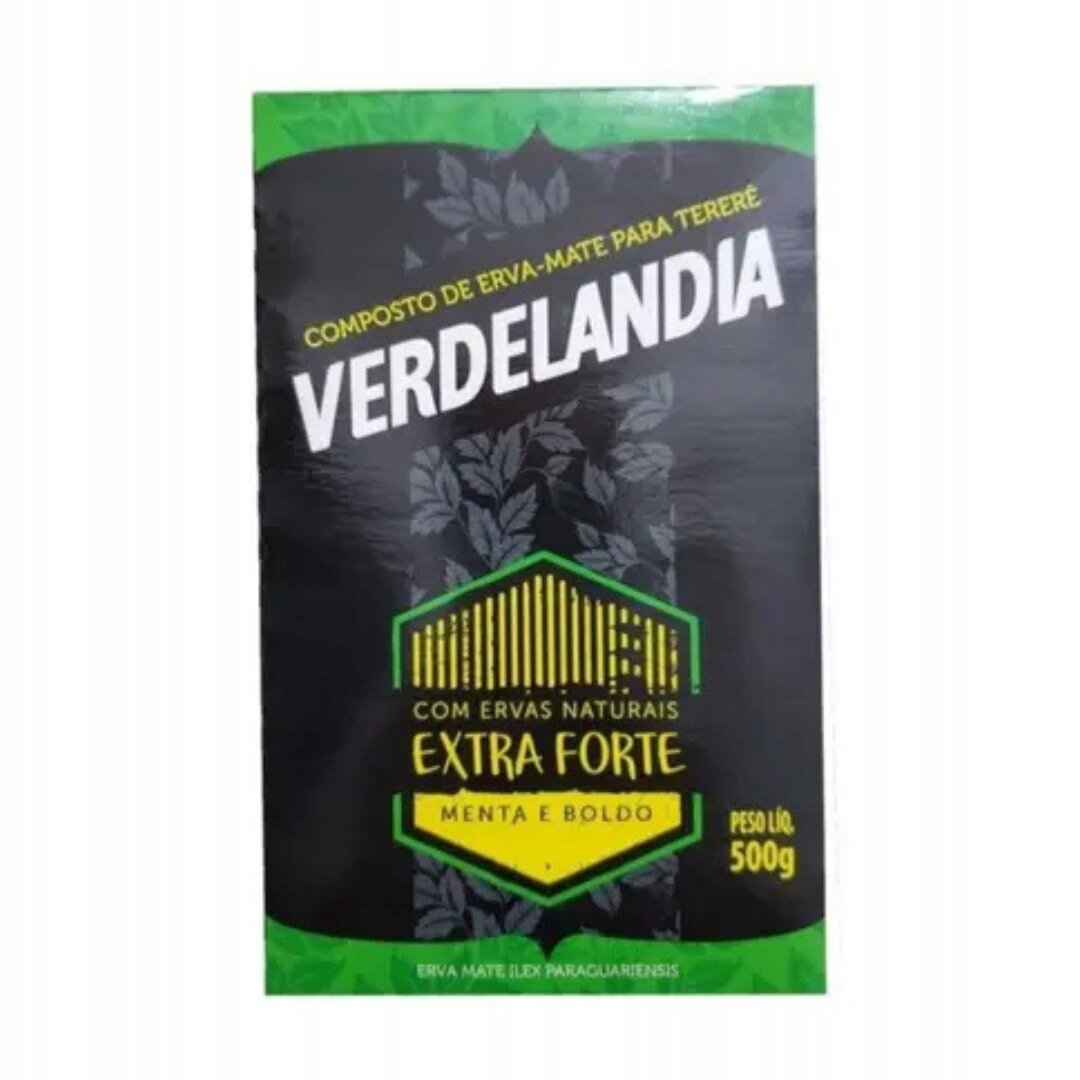 Opakowanie produktu Yerba Mate Verdelandia Terere Extra Strong o wadze 500g. Na opakowaniu widoczny jest napis \'VERDELANDIA\' oraz \'EXTRA FORTE MENTA E BOLDO\'.