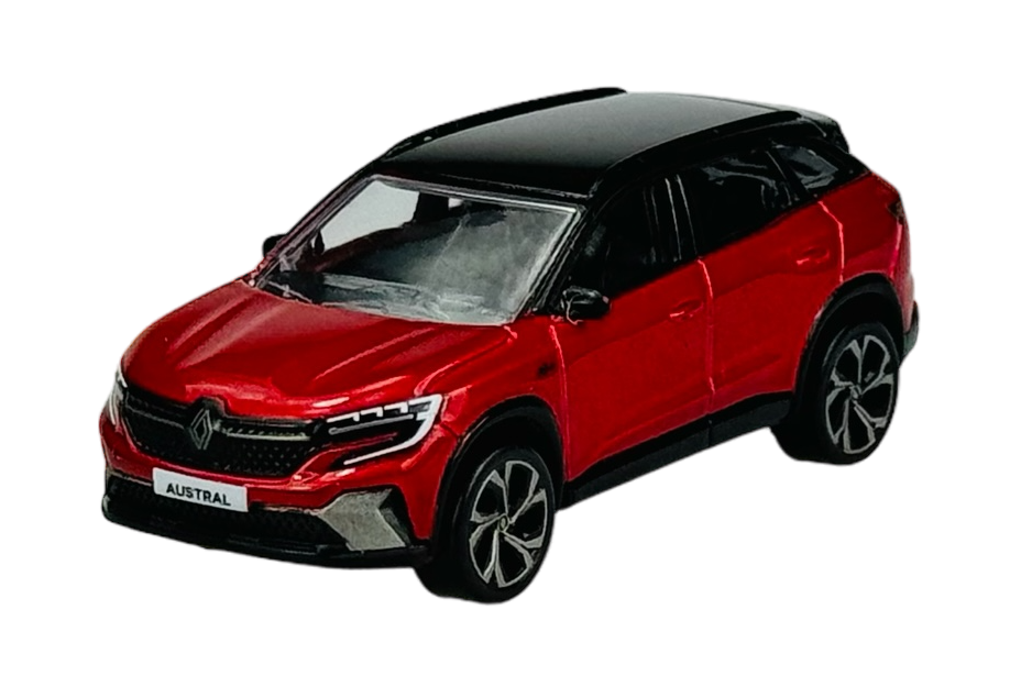 Model samochodu w kolorze czerwonym z czarnym dachem, z widocznym logo Renault na przodzie i tablicą rejestracyjną z napisem \'AUSTRAL\'.